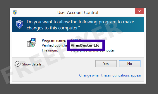 Screenshot where VirusBuster Ltd appears as the verified publisher in the UAC dialog